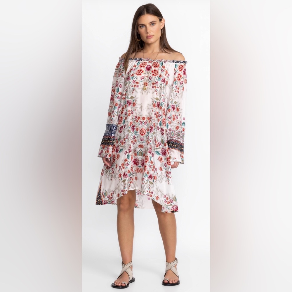 Johnny Was White Floral Silk Off-Shoulder Mini Dress with Red & Blue Accents